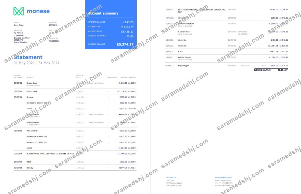 United Kingdom Monese bank statement template in Word and PDF format, 2 pages